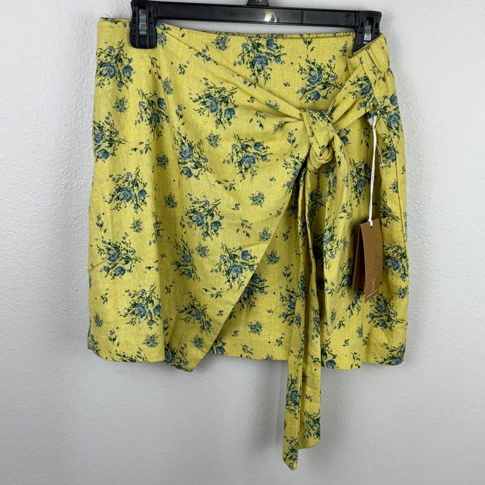 Maison d' Amelie Paris Womens Medium Yellow Floral Linen Mini Wrap Tie Skirt NWT